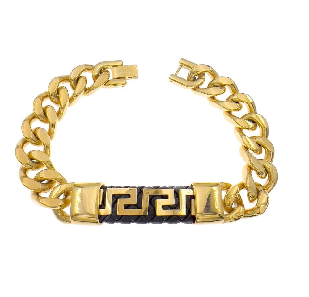 Stainless Steel Bracelet Gold Tone Cuban Link Greek Key Black Mens 8in 11mm